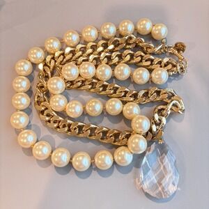 Betsey Johnson Necklace Faux Pearl Heavy Gold Chain Opera Length Faceted Pendant